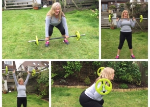 Collage of a client lifting a barbell in a garden.